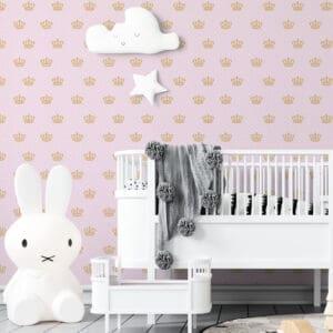 Adesivo de parede Dcorando Poá branco fundo rosa e coroa de princesa