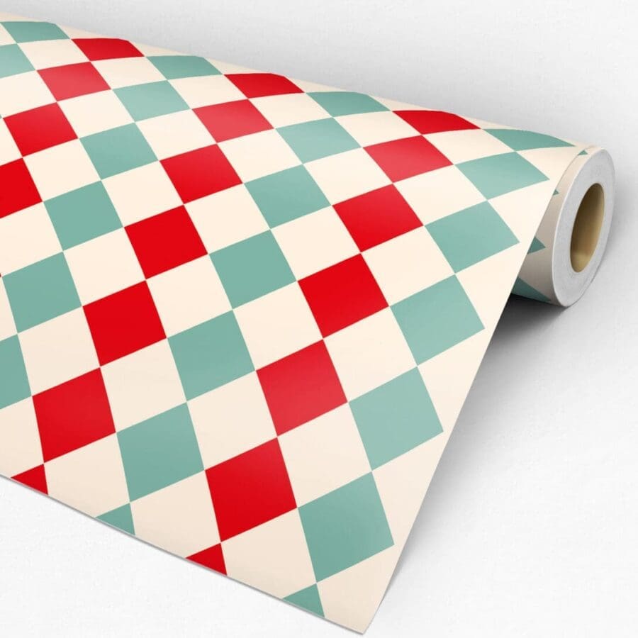 Papel De Parede Lavável Xadrez Branco E Vermelho 3m